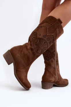 Sale 4043 Zamszowe Kozaki Na Niskim Obcasie Ażurowe Brązowe Damskie Kozaki Wiosenne|Kozaki Ażurowe