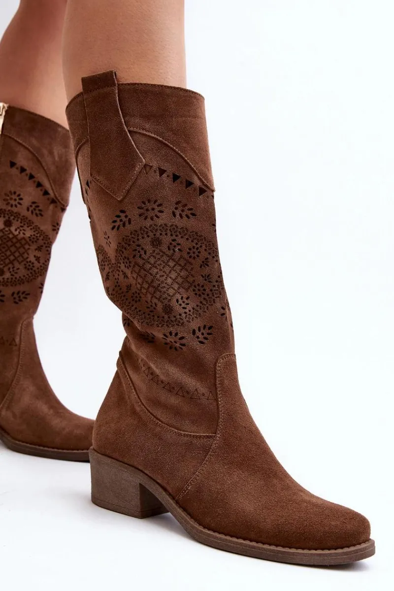 Sale 4043 Zamszowe Kozaki Na Niskim Obcasie Ażurowe Brązowe Damskie Kozaki Wiosenne|Kozaki Ażurowe
