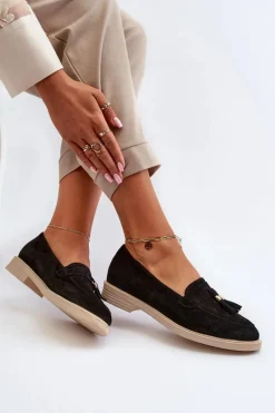 Loafersy Damskie|Mokasyny Płaskie>Zazoo 3420 Zamszowe Mokasyny Damskie Na Płaskim Obcasie Czarne Czarny