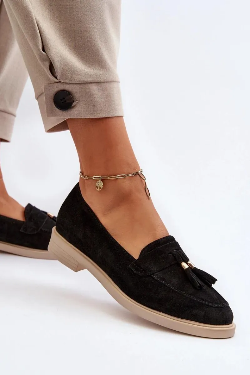 Loafersy Damskie|Mokasyny Płaskie>Zazoo 3420 Zamszowe Mokasyny Damskie Na Płaskim Obcasie Czarne Czarny