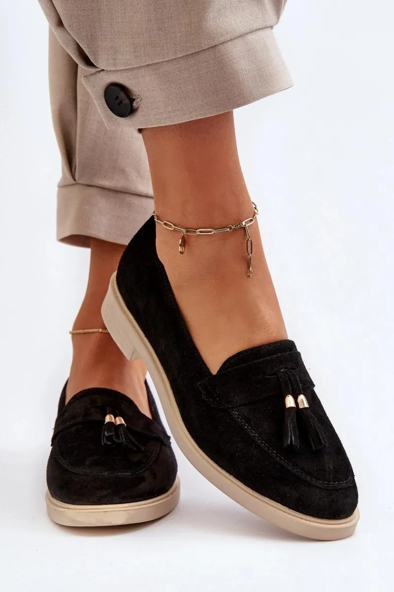 Loafersy Damskie|Mokasyny Płaskie>Zazoo 3420 Zamszowe Mokasyny Damskie Na Płaskim Obcasie Czarne Czarny