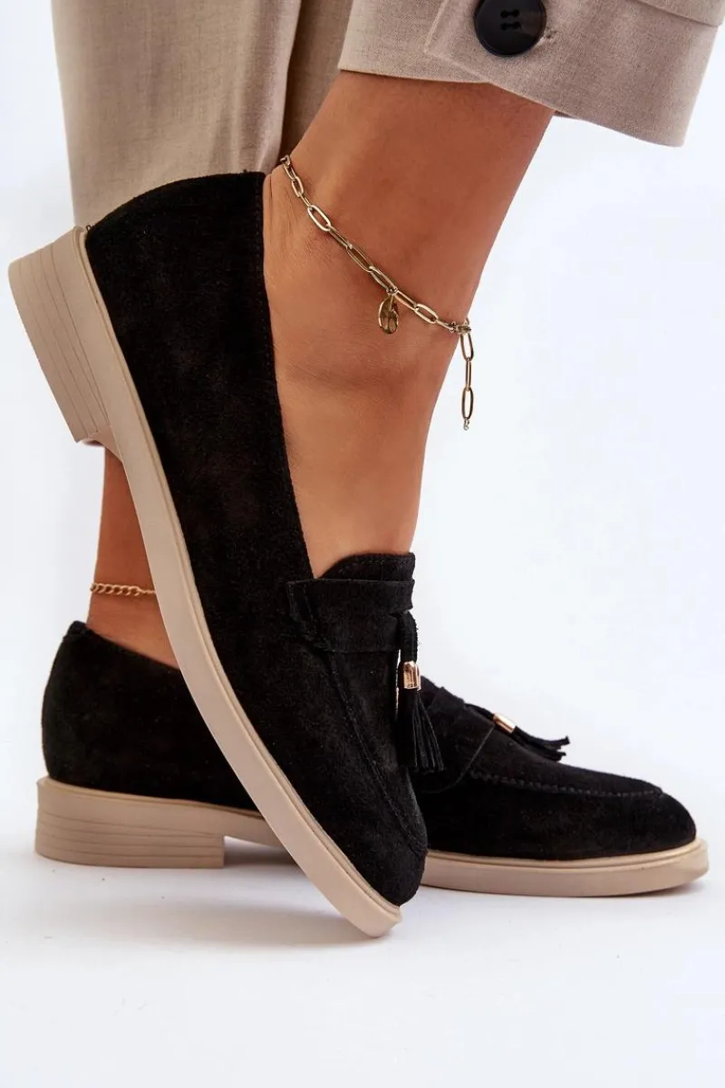 Loafersy Damskie|Mokasyny Płaskie>Zazoo 3420 Zamszowe Mokasyny Damskie Na Płaskim Obcasie Czarne Czarny