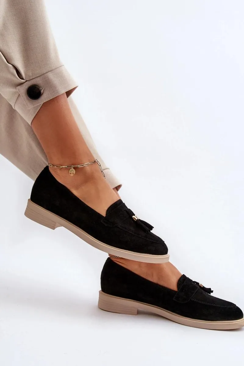 Loafersy Damskie|Mokasyny Płaskie>Zazoo 3420 Zamszowe Mokasyny Damskie Na Płaskim Obcasie Czarne Czarny