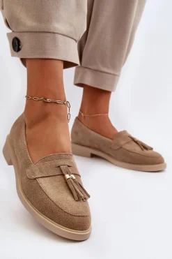 New Zazoo 3420 Zamszowe Mokasyny Damskie Na Płaskim Obcasie Beżowe Beżowy