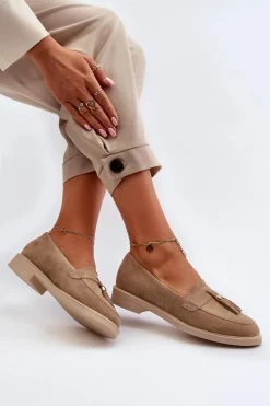 New Zazoo 3420 Zamszowe Mokasyny Damskie Na Płaskim Obcasie Beżowe Beżowy