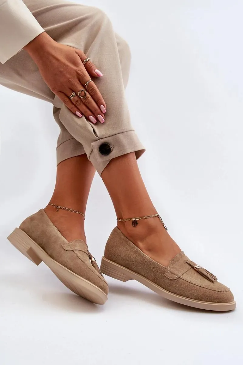 New Zazoo 3420 Zamszowe Mokasyny Damskie Na Płaskim Obcasie Beżowe Beżowy