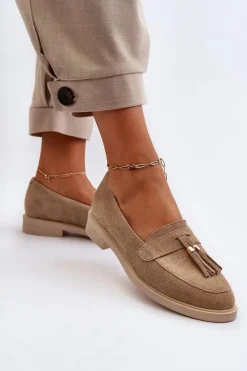 New Zazoo 3420 Zamszowe Mokasyny Damskie Na Płaskim Obcasie Beżowe Beżowy