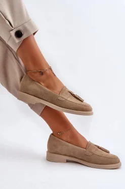 New Zazoo 3420 Zamszowe Mokasyny Damskie Na Płaskim Obcasie Beżowe Beżowy