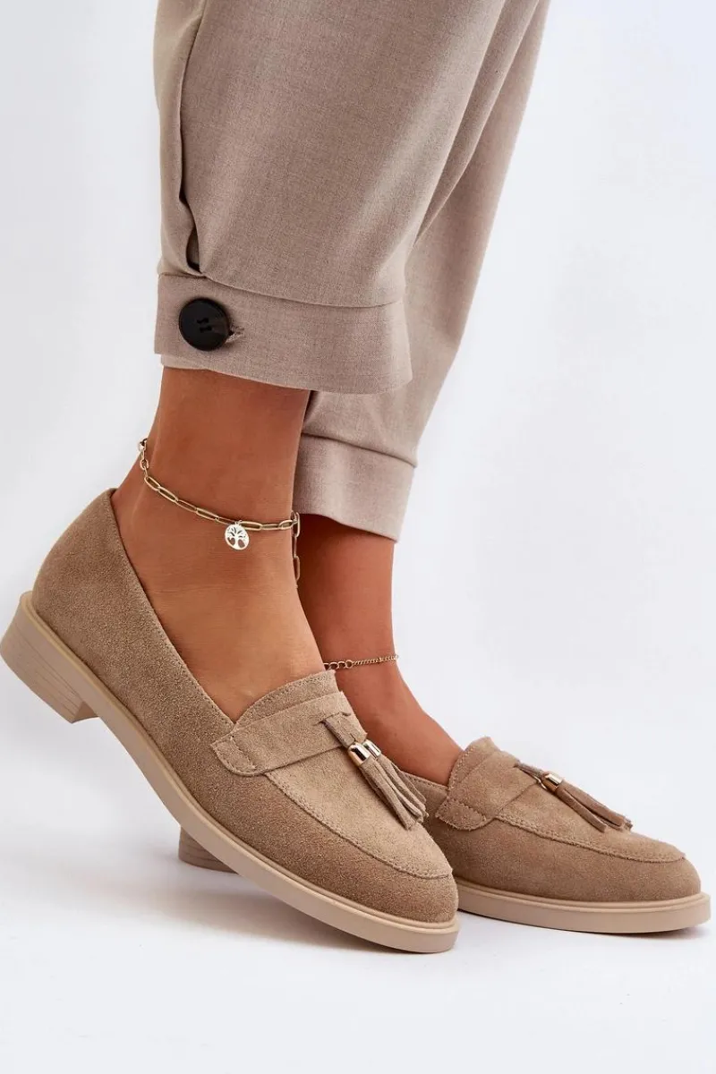 New Zazoo 3420 Zamszowe Mokasyny Damskie Na Płaskim Obcasie Beżowe Beżowy