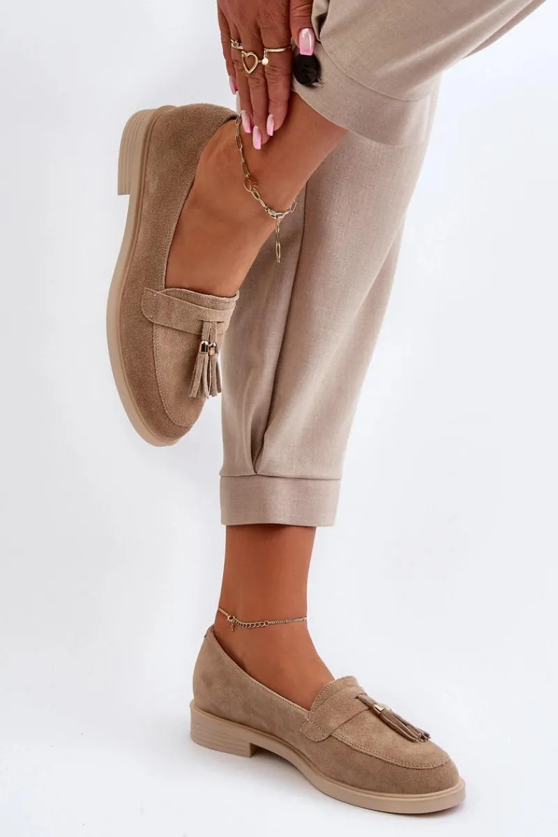 New Zazoo 3420 Zamszowe Mokasyny Damskie Na Płaskim Obcasie Beżowe Beżowy