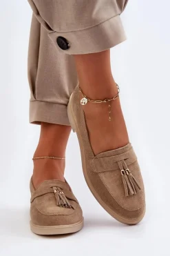 New Zazoo 3420 Zamszowe Mokasyny Damskie Na Płaskim Obcasie Beżowe Beżowy