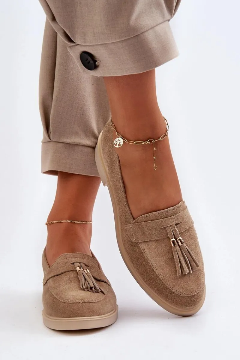 New Zazoo 3420 Zamszowe Mokasyny Damskie Na Płaskim Obcasie Beżowe Beżowy