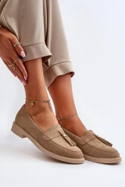 New Zazoo 3420 Zamszowe Mokasyny Damskie Na Płaskim Obcasie Beżowe Beżowy