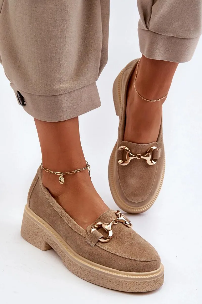 Online Zazoo 3429 Zamszowe Mokasyny Damskie Z Ozdobą Beżowe Beżowy