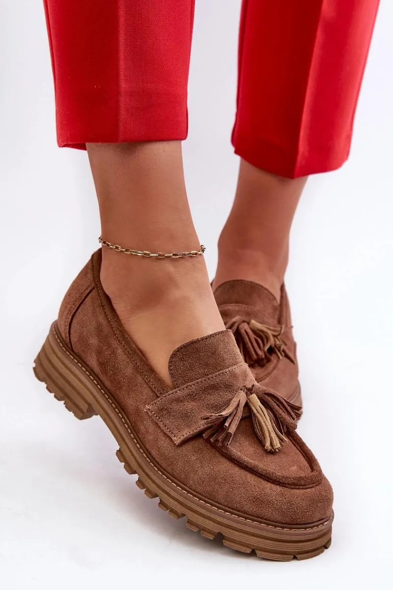 Loafersy Damskie|Mokasyny Płaskie>Zazoo 3469 Zamszowe Mokasyny Damskie Z Frędzlami Brązowe Brązowy