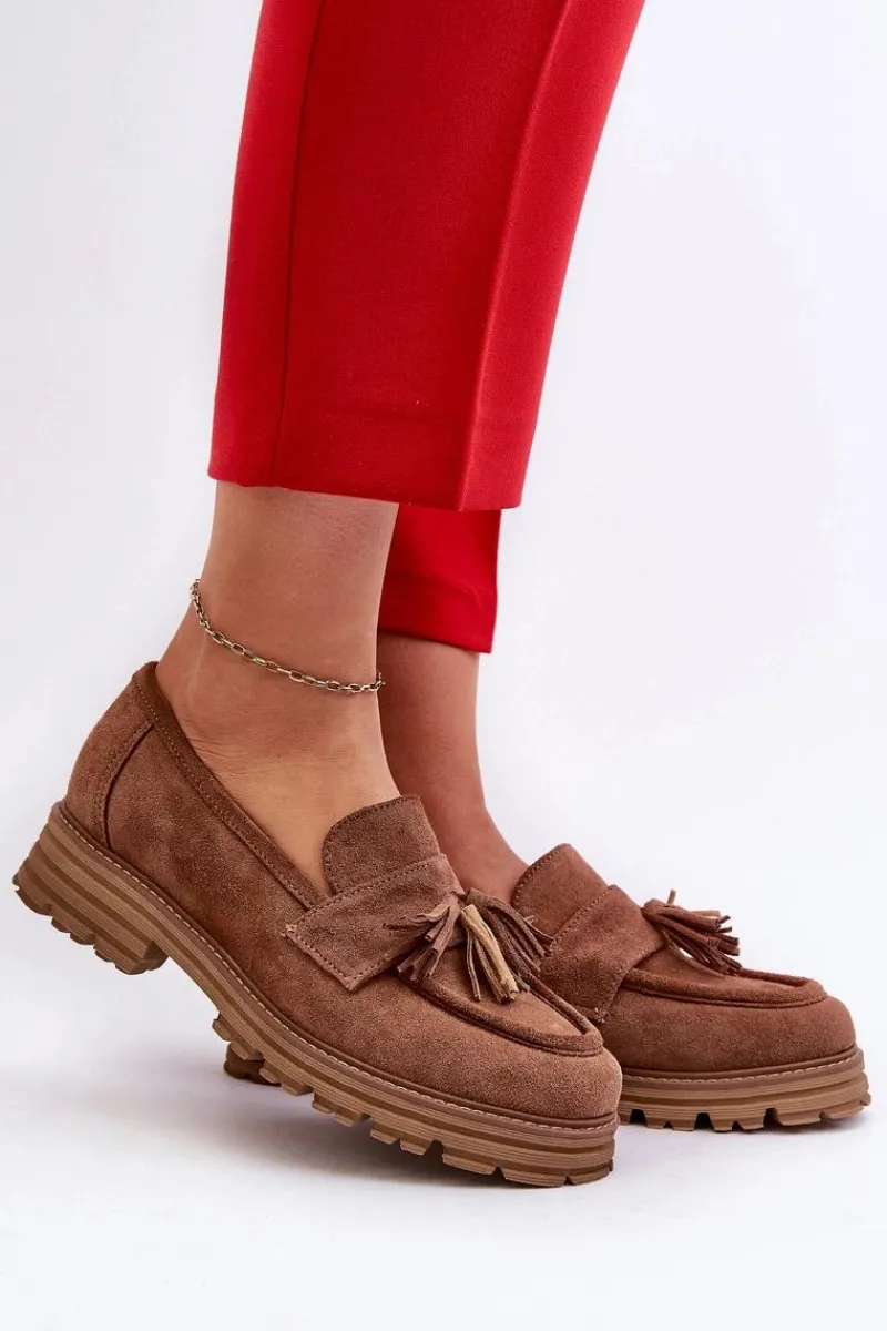 Loafersy Damskie|Mokasyny Płaskie>Zazoo 3469 Zamszowe Mokasyny Damskie Z Frędzlami Brązowe Brązowy