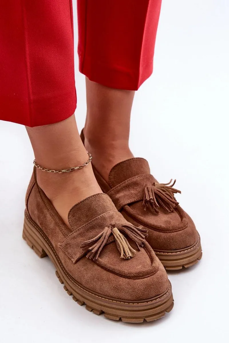 Loafersy Damskie|Mokasyny Płaskie>Zazoo 3469 Zamszowe Mokasyny Damskie Z Frędzlami Brązowe Brązowy