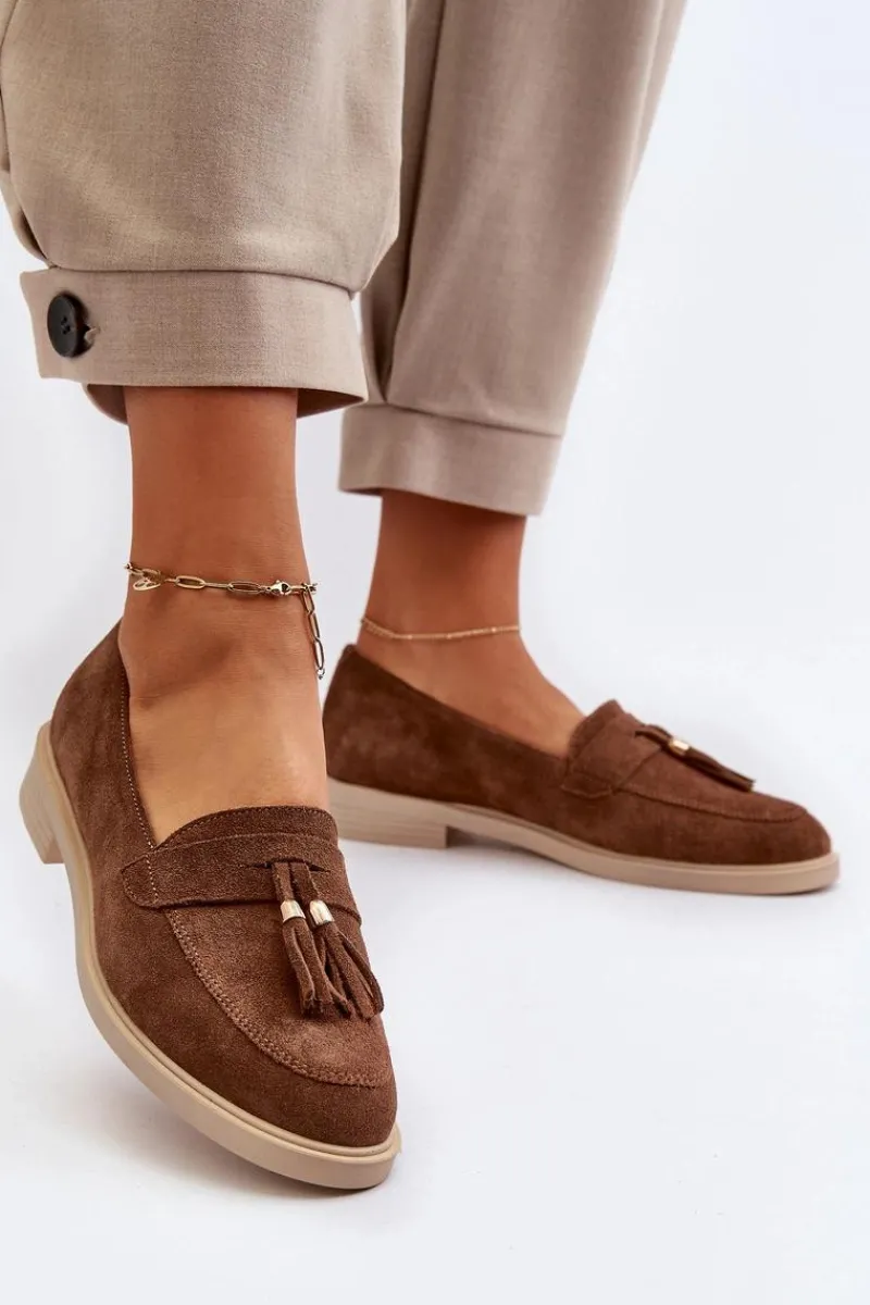 3420 Zamszowe Mokasyny Damskie Na Płaskim Obcasie Brązowe Damskie Loafersy Damskie|Mokasyny Płaskie