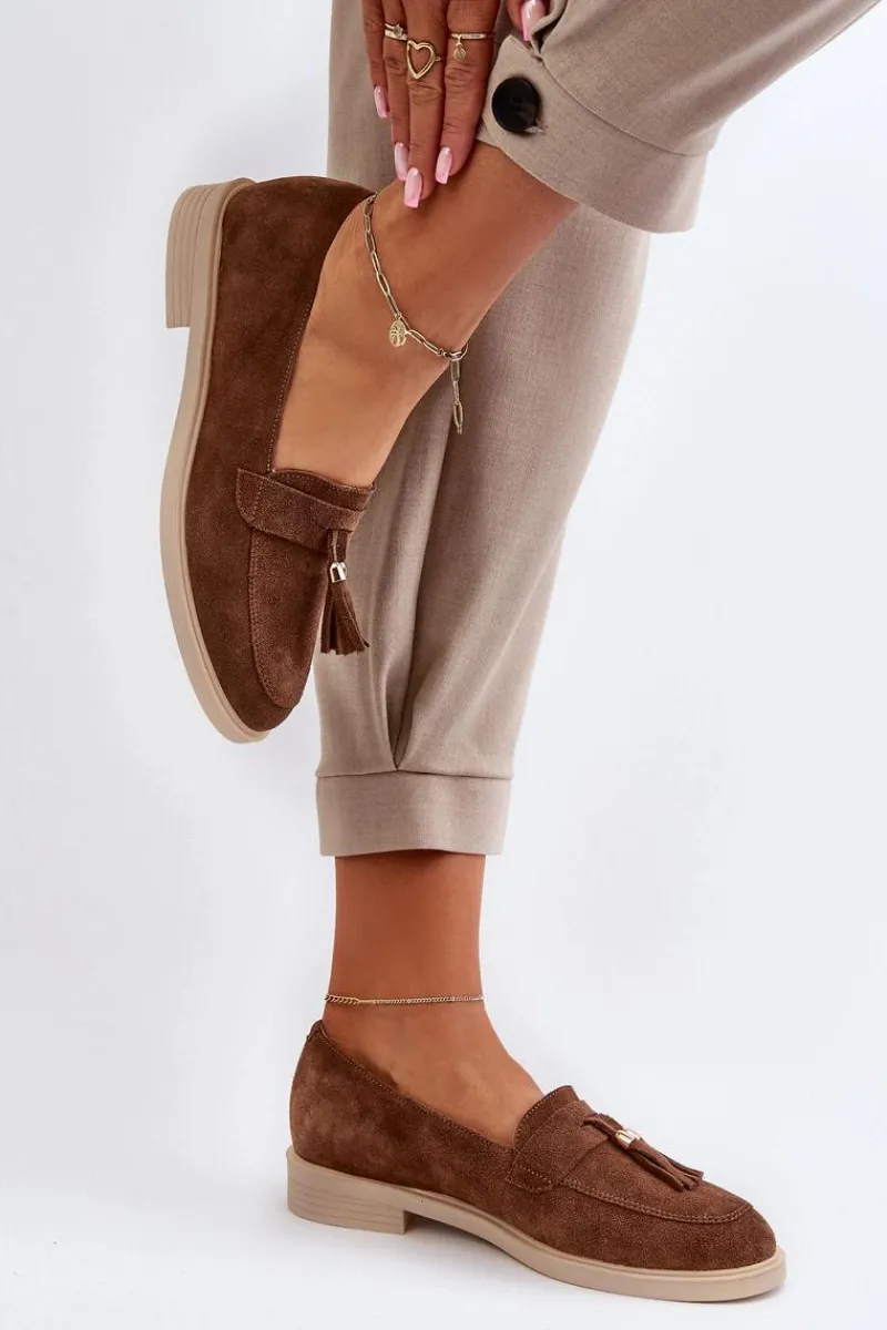 3420 Zamszowe Mokasyny Damskie Na Płaskim Obcasie Brązowe Damskie Loafersy Damskie|Mokasyny Płaskie