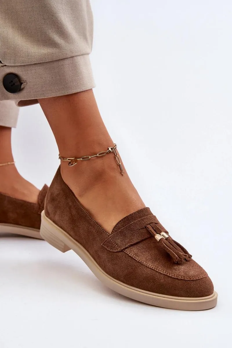 3420 Zamszowe Mokasyny Damskie Na Płaskim Obcasie Brązowe Damskie Loafersy Damskie|Mokasyny Płaskie