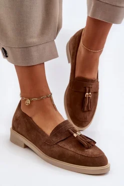 3420 Zamszowe Mokasyny Damskie Na Płaskim Obcasie Brązowe Damskie Loafersy Damskie|Mokasyny Płaskie