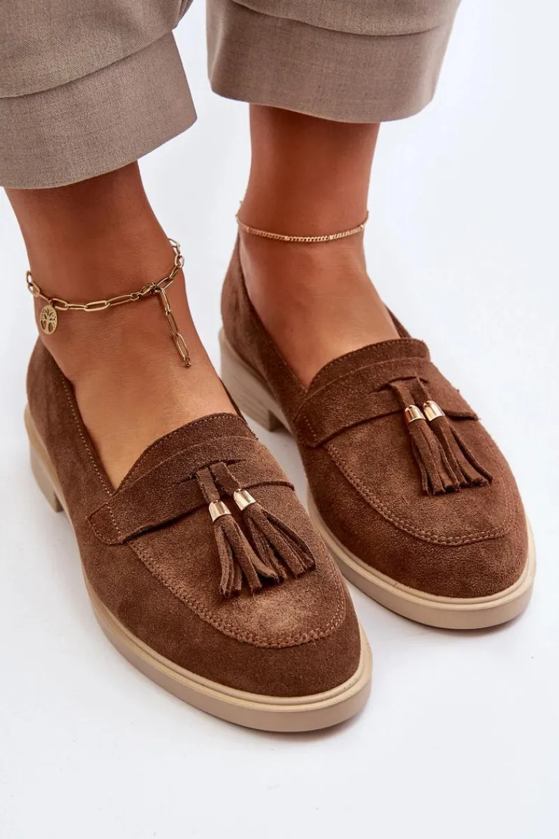3420 Zamszowe Mokasyny Damskie Na Płaskim Obcasie Brązowe Damskie Loafersy Damskie|Mokasyny Płaskie