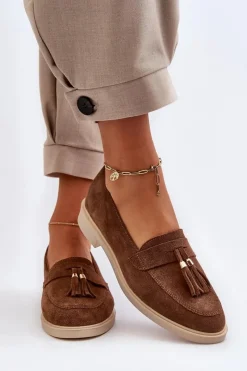 3420 Zamszowe Mokasyny Damskie Na Płaskim Obcasie Brązowe Damskie Loafersy Damskie|Mokasyny Płaskie