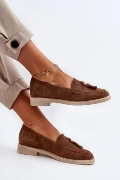 3420 Zamszowe Mokasyny Damskie Na Płaskim Obcasie Brązowe Damskie Loafersy Damskie|Mokasyny Płaskie