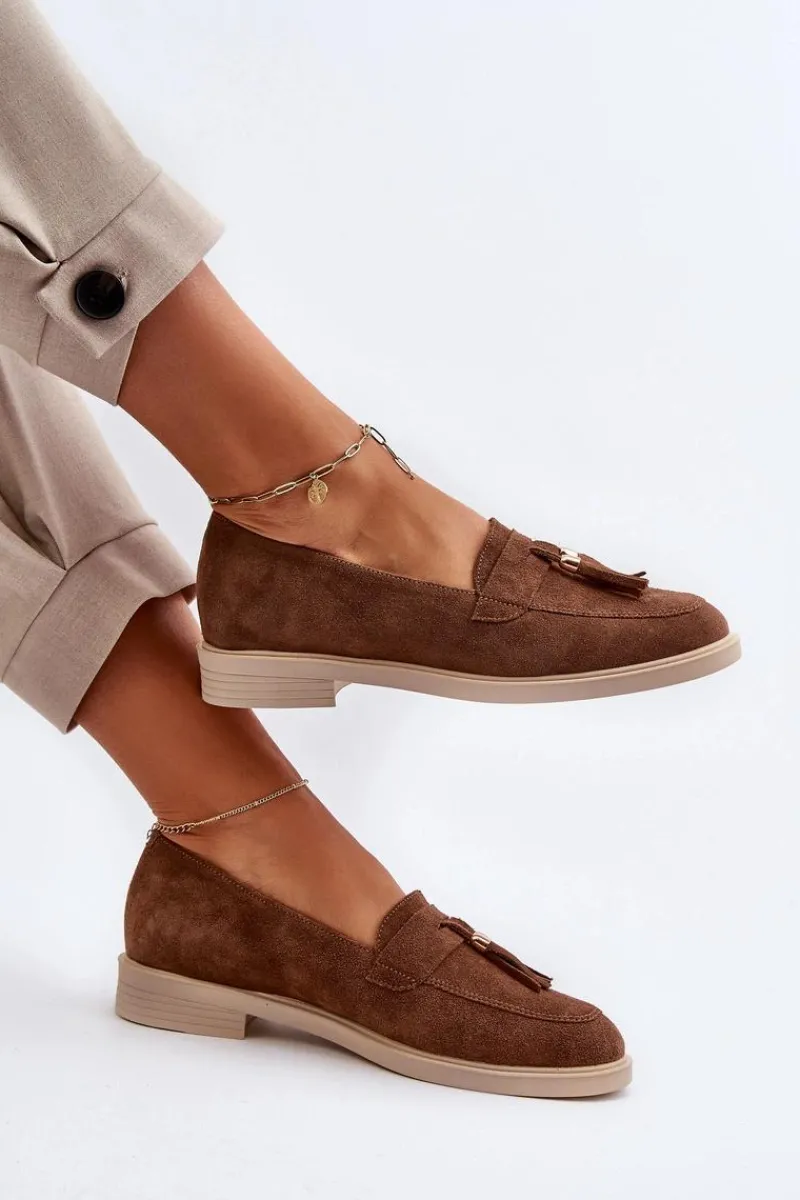 3420 Zamszowe Mokasyny Damskie Na Płaskim Obcasie Brązowe Damskie Loafersy Damskie|Mokasyny Płaskie