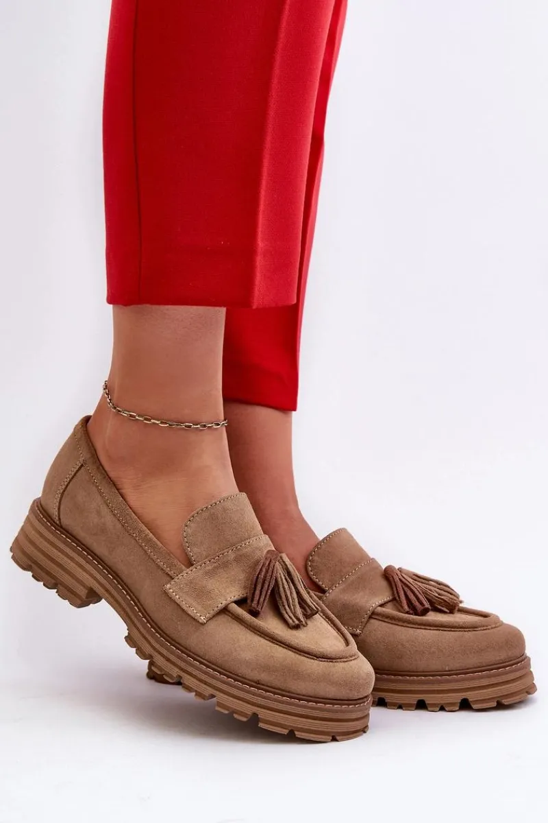 Sale 3469 Zamszowe Mokasyny Damskie Z Frędzlami Beżowe Damskie Loafersy Damskie|Mokasyny Płaskie