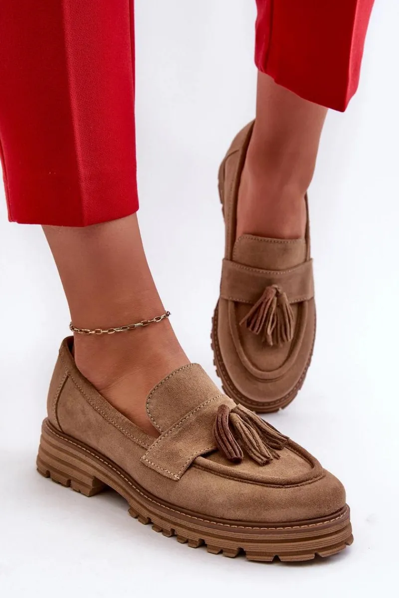 Sale 3469 Zamszowe Mokasyny Damskie Z Frędzlami Beżowe Damskie Loafersy Damskie|Mokasyny Płaskie