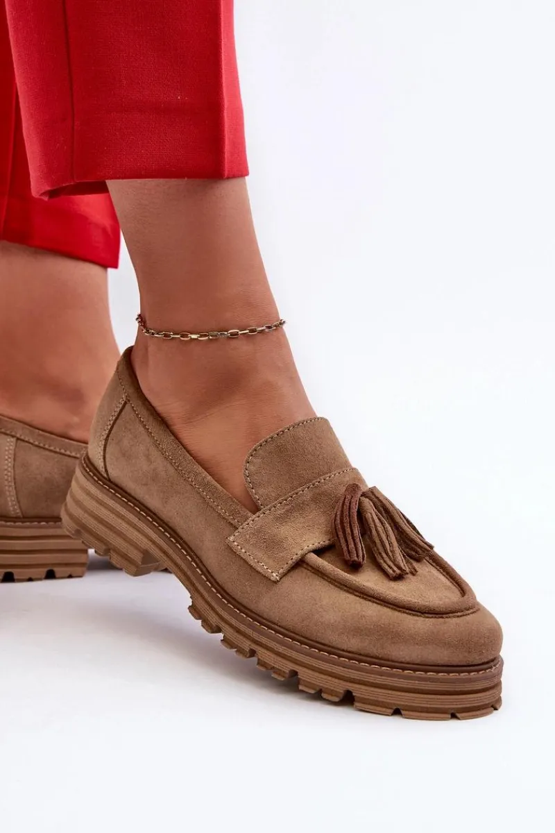 Sale 3469 Zamszowe Mokasyny Damskie Z Frędzlami Beżowe Damskie Loafersy Damskie|Mokasyny Płaskie