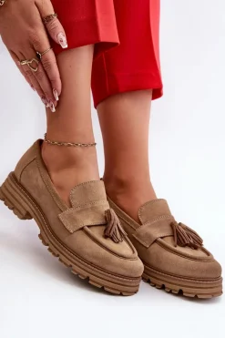 Sale 3469 Zamszowe Mokasyny Damskie Z Frędzlami Beżowe Damskie Loafersy Damskie|Mokasyny Płaskie