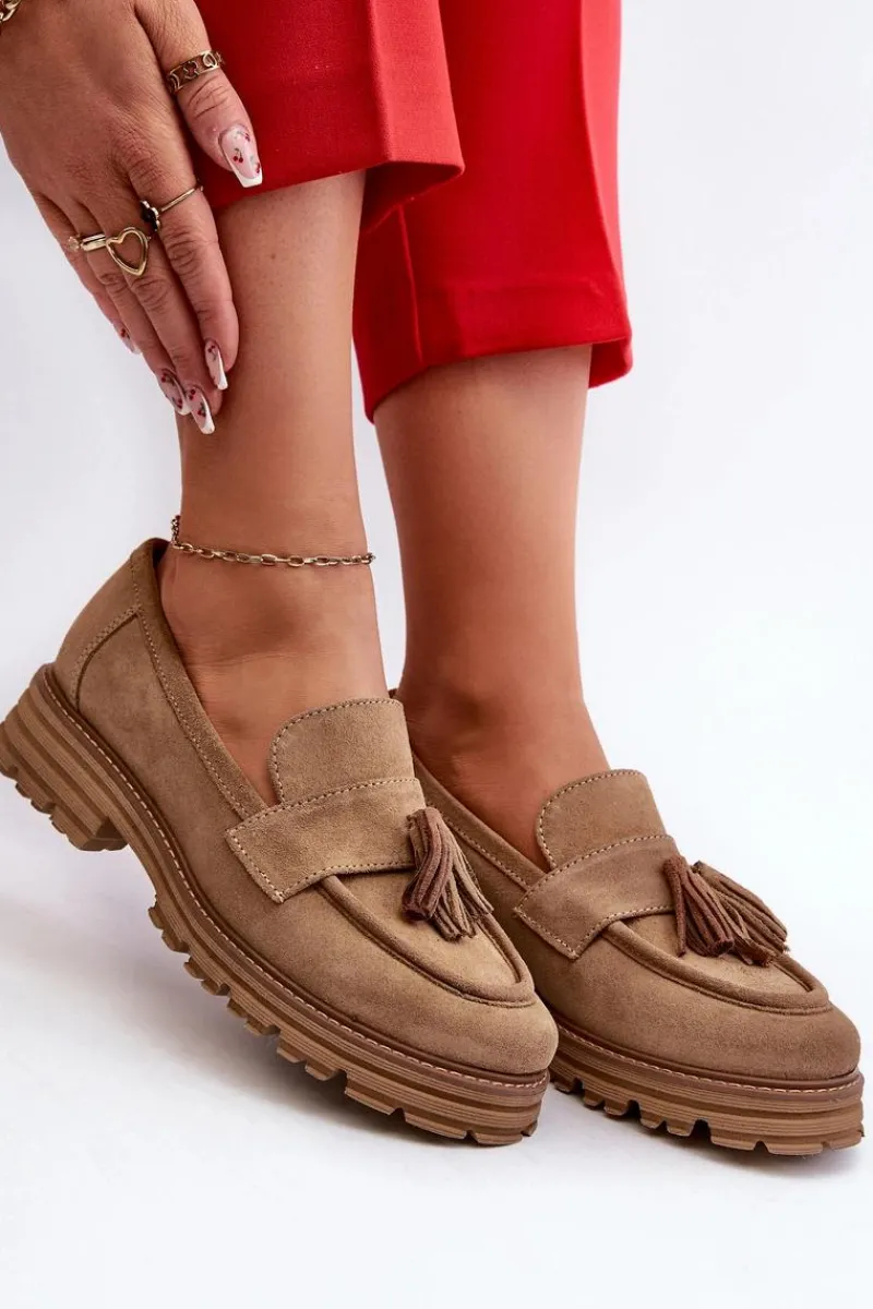 Sale 3469 Zamszowe Mokasyny Damskie Z Frędzlami Beżowe Damskie Loafersy Damskie|Mokasyny Płaskie