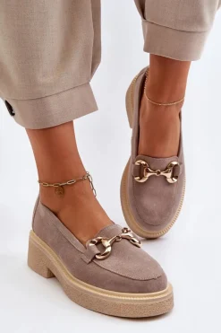 Loafersy Damskie|Mokasyny Płaskie>Zazoo 3429 Zamszowe Mokasyny Damskie Z Ozdobą Cappuccino Beżowy