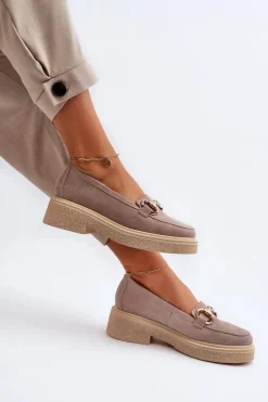 Loafersy Damskie|Mokasyny Płaskie>Zazoo 3429 Zamszowe Mokasyny Damskie Z Ozdobą Cappuccino Beżowy