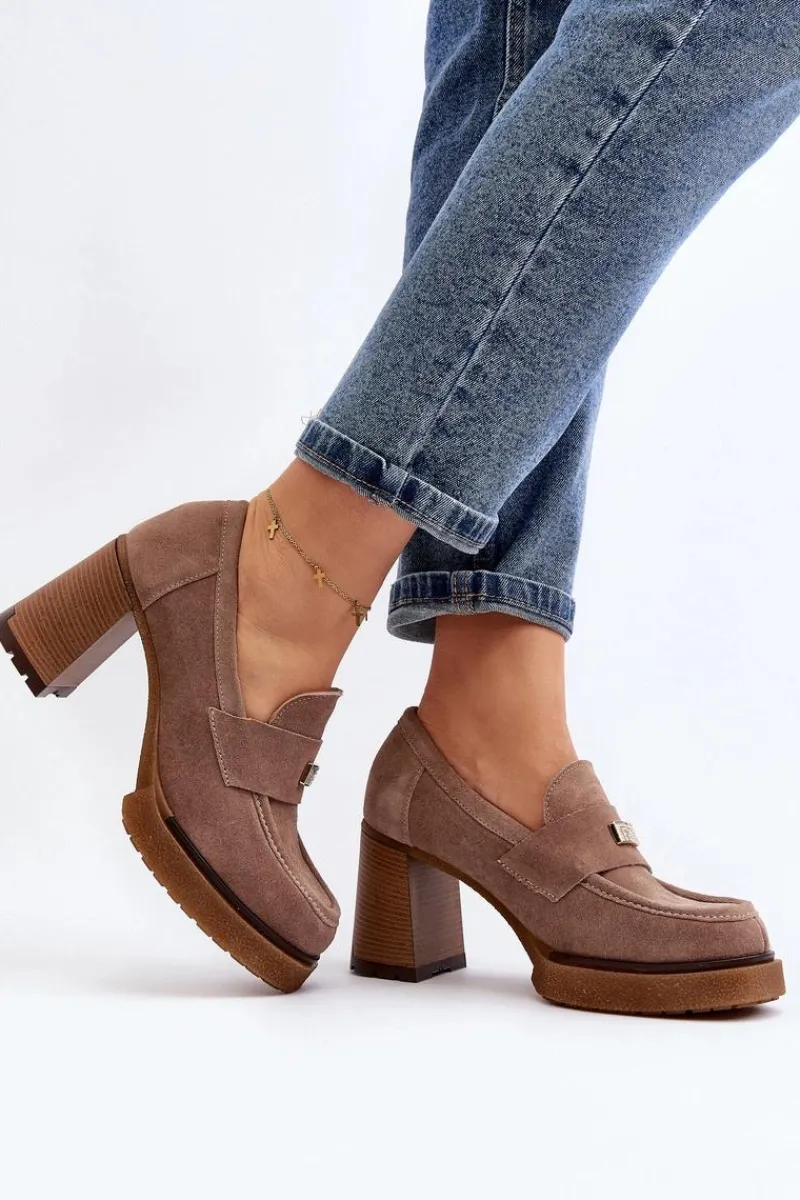 Półbuty Lakierowane|Półbuty Skórzane>Zazoo 20169 Zamszowe Półbuty Na Obcasie Ciemnobeżowe