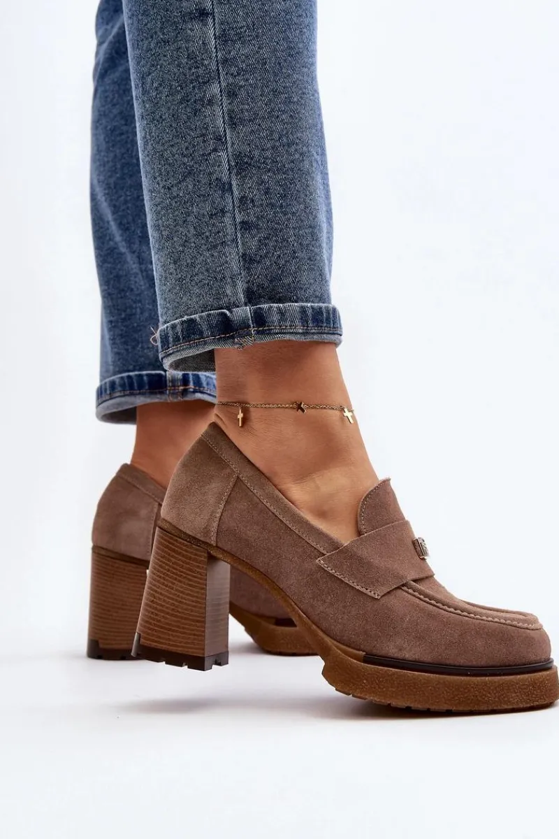 Półbuty Lakierowane|Półbuty Skórzane>Zazoo 20169 Zamszowe Półbuty Na Obcasie Ciemnobeżowe