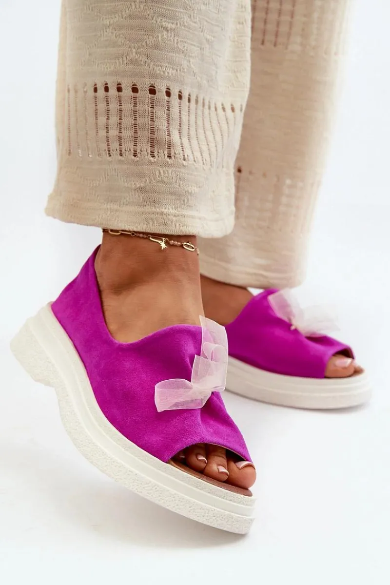 Sandały Płaskie>Zazoo 2939 Zamszowe Sandały Damskie Z Kokardką Fuksja Różowy
