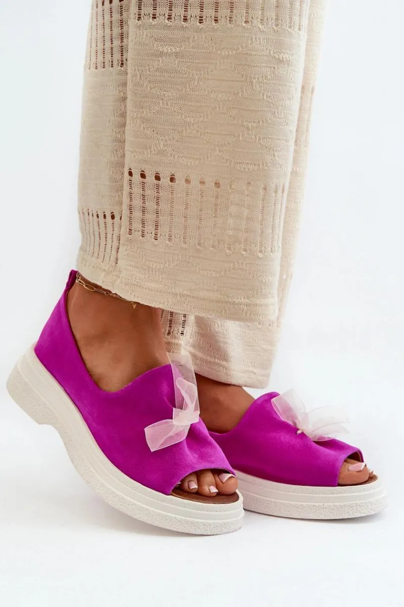 Sandały Płaskie>Zazoo 2939 Zamszowe Sandały Damskie Z Kokardką Fuksja Różowy
