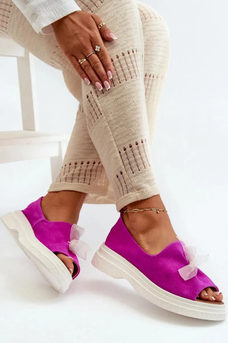 Sandały Płaskie>Zazoo 2939 Zamszowe Sandały Damskie Z Kokardką Fuksja Różowy