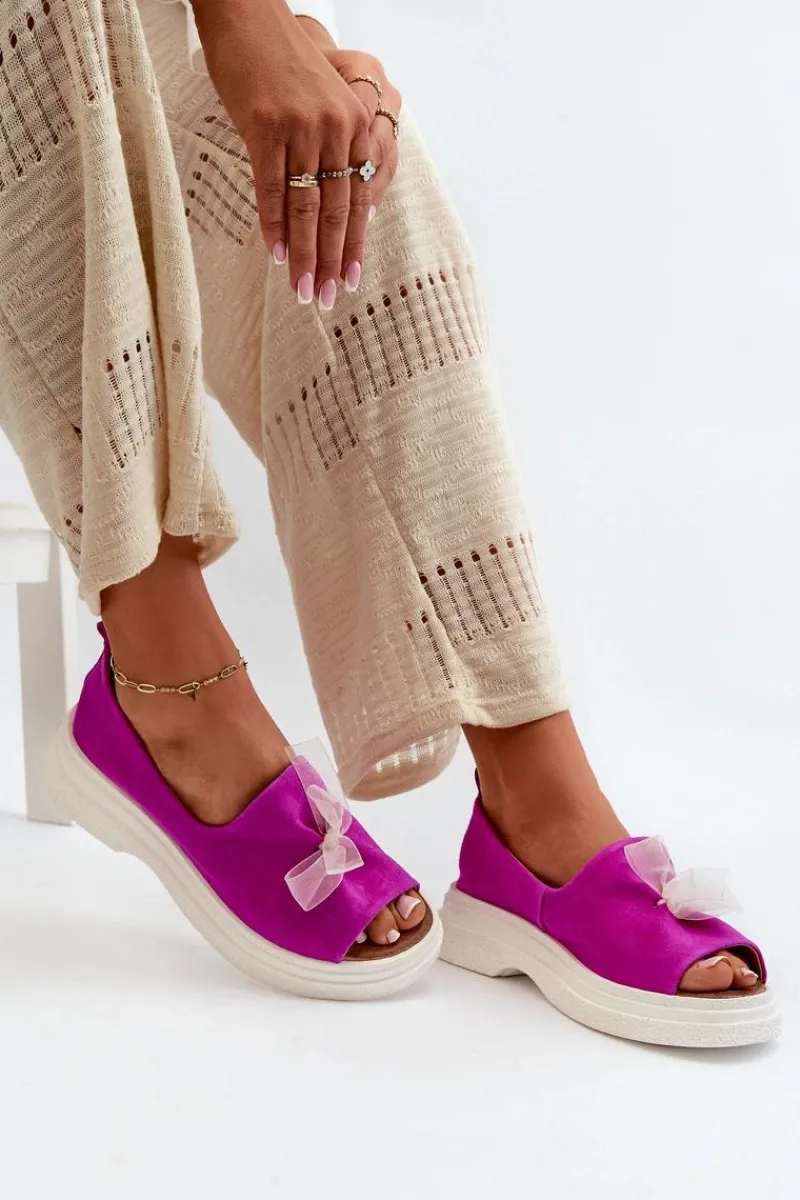 Sandały Płaskie>Zazoo 2939 Zamszowe Sandały Damskie Z Kokardką Fuksja Różowy