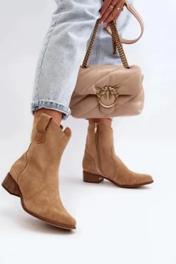 Best 3305/2/G Damskie Zamszowe Botki Kowbojki Na Niskim Obcasie Beżowe Damskie Botki Wiosenne|Botki Na Słupku