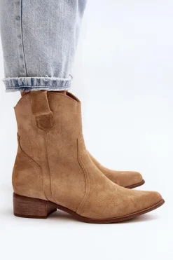 Best 3305/2/G Damskie Zamszowe Botki Kowbojki Na Niskim Obcasie Beżowe Damskie Botki Wiosenne|Botki Na Słupku