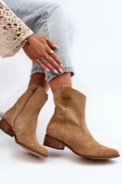Best 3305/2/G Damskie Zamszowe Botki Kowbojki Na Niskim Obcasie Beżowe Damskie Botki Wiosenne|Botki Na Słupku