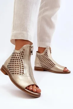 Sandały Ażurowe|Sandały Płaskie>Zazoo 977/L Skórzane Ażurowe Sandały Na Zamek Złote Złoty