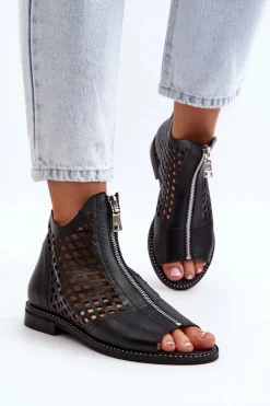 977/L Skórzane Ażurowe Sandały Na Zamek Czarne Damskie Sandały Ażurowe|Sandały Płaskie