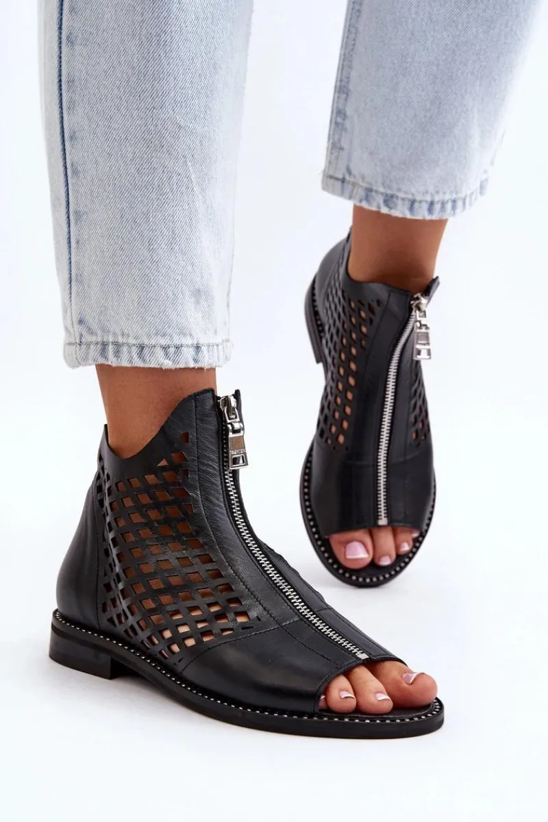 977/L Skórzane Ażurowe Sandały Na Zamek Czarne Damskie Sandały Ażurowe|Sandały Płaskie
