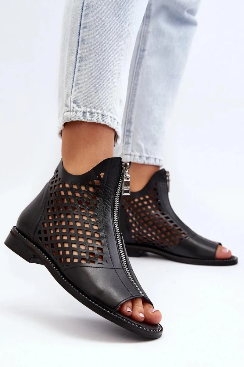 977/L Skórzane Ażurowe Sandały Na Zamek Czarne Damskie Sandały Ażurowe|Sandały Płaskie