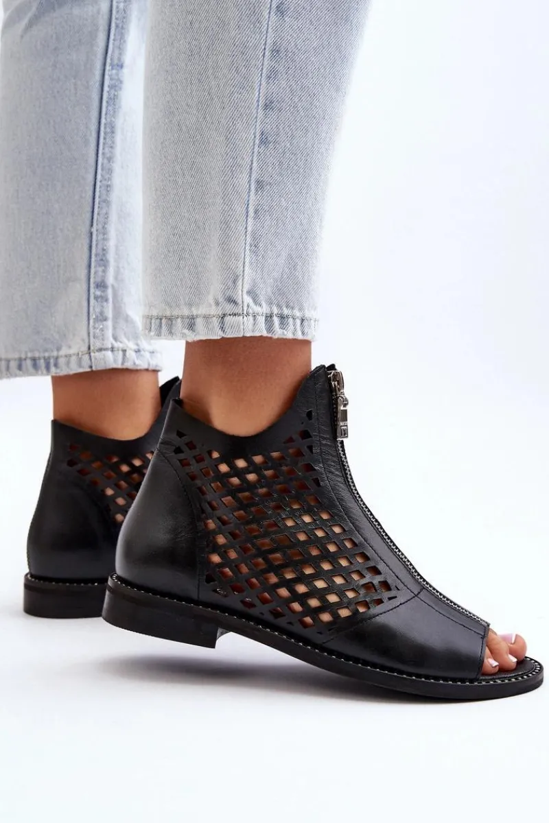 977/L Skórzane Ażurowe Sandały Na Zamek Czarne Damskie Sandały Ażurowe|Sandały Płaskie